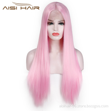 Aisi Hair Cheap Long Silky Straight Natural Pink Wig Synthetic Lace Front Wig With Baby Hair Front Lace Wigs For Black Women